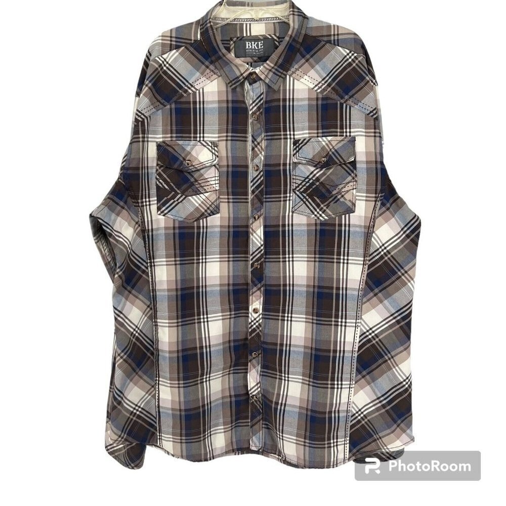 BKE Mens XL Western Shirt Athletic Fit Long Sleeve Pearl Snap Multicolor Plaid